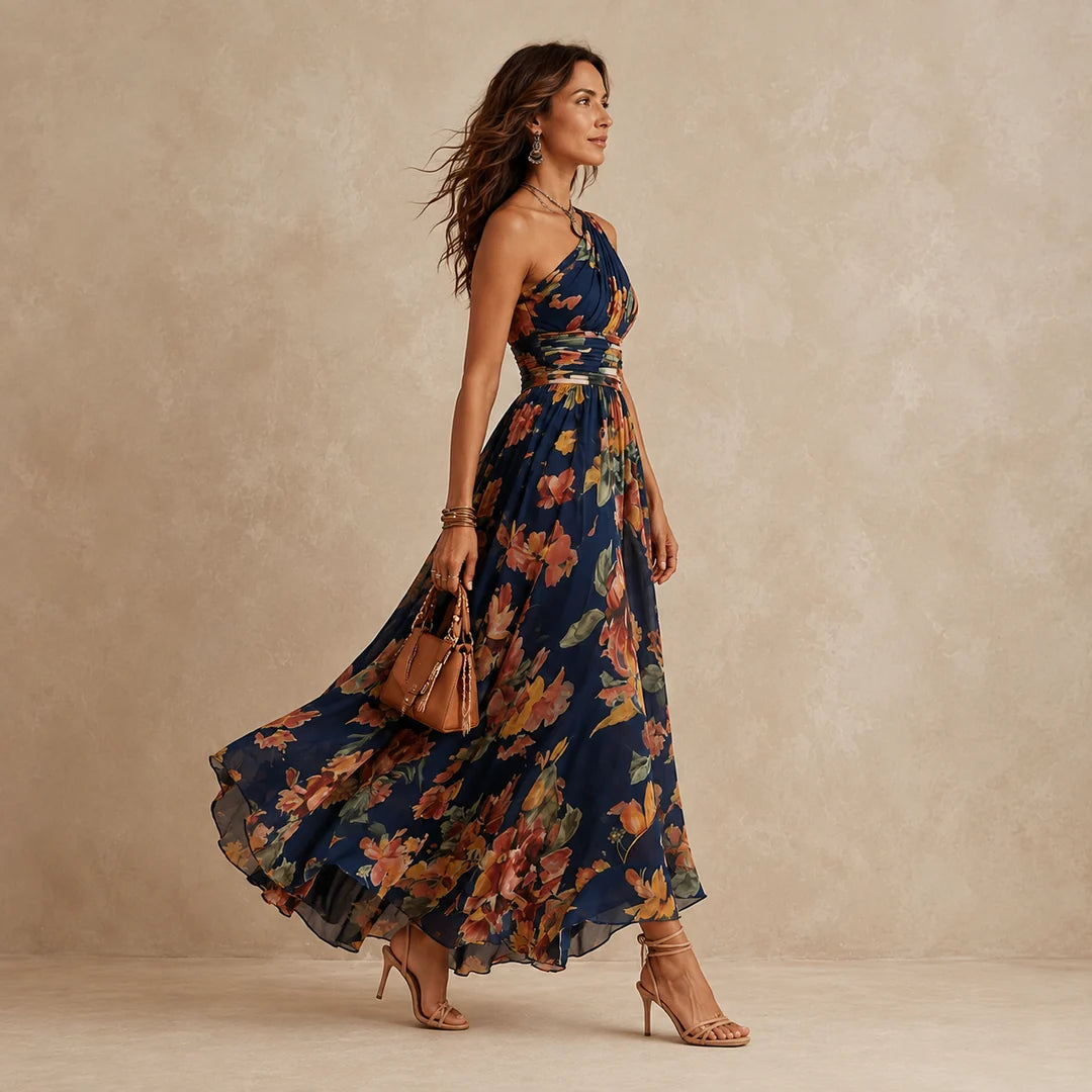 Merel | Maxi-jurk met bloemenprint en één schouderband