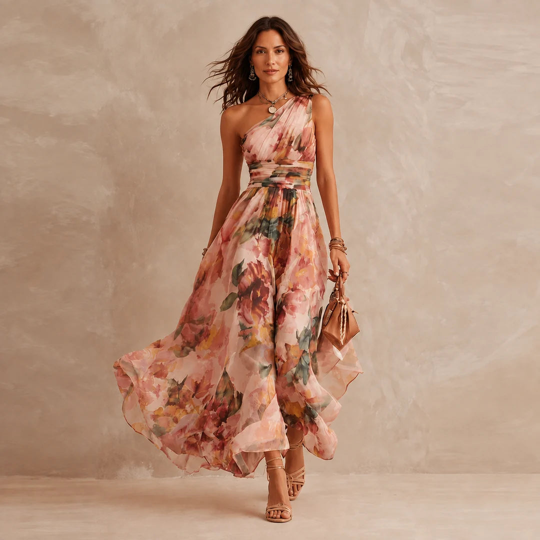 Merel | Maxi-jurk met bloemenprint en één schouderband