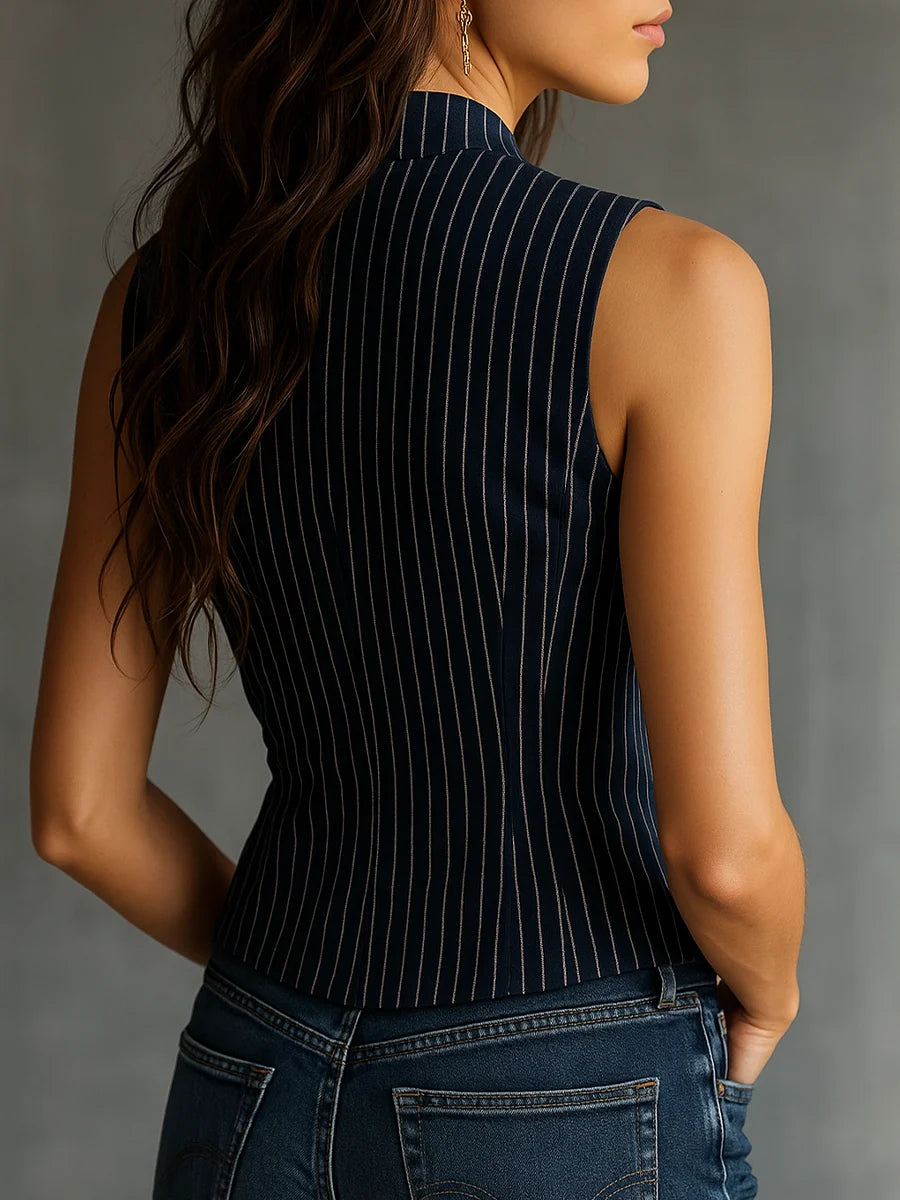 Mirthe | Vintage Gestreepte Mouwloze Tanktop Met Henley-Hals