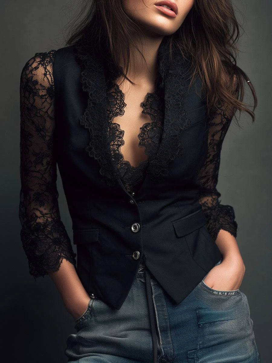 Hester | Zwarte Blazer Met Halfdoorzichtige Mouwen
