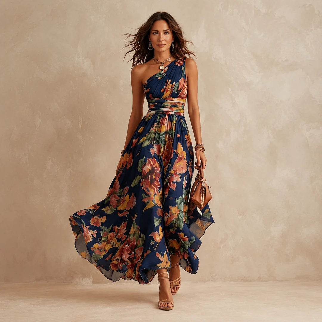 Merel | Maxi-jurk met bloemenprint en één schouderband