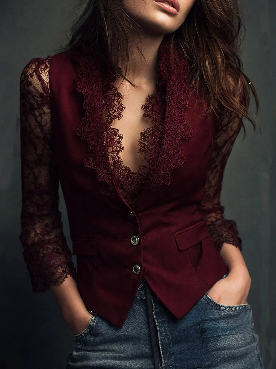 Hester | Zwarte Blazer Met Halfdoorzichtige Mouwen