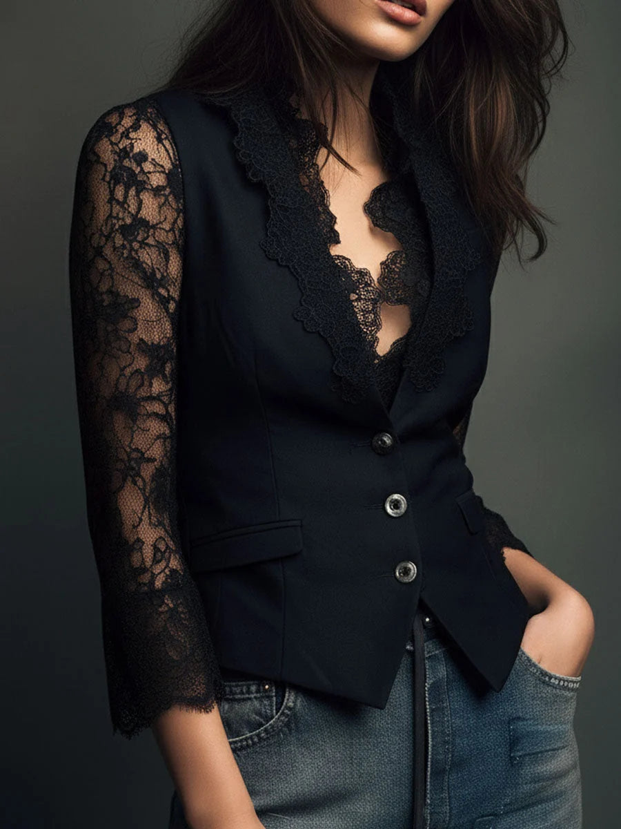 Hester | Zwarte Blazer Met Halfdoorzichtige Mouwen