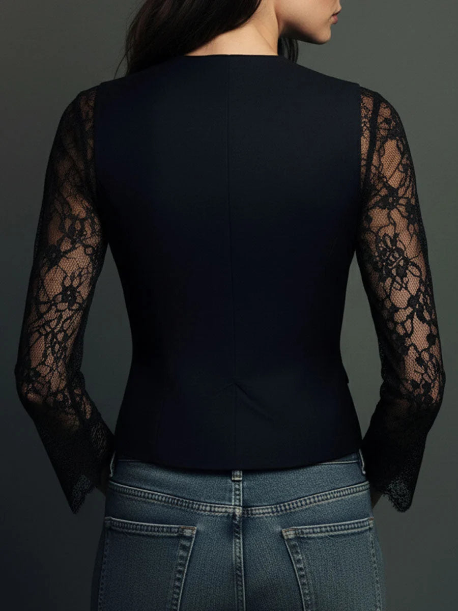 Hester | Zwarte Blazer Met Halfdoorzichtige Mouwen