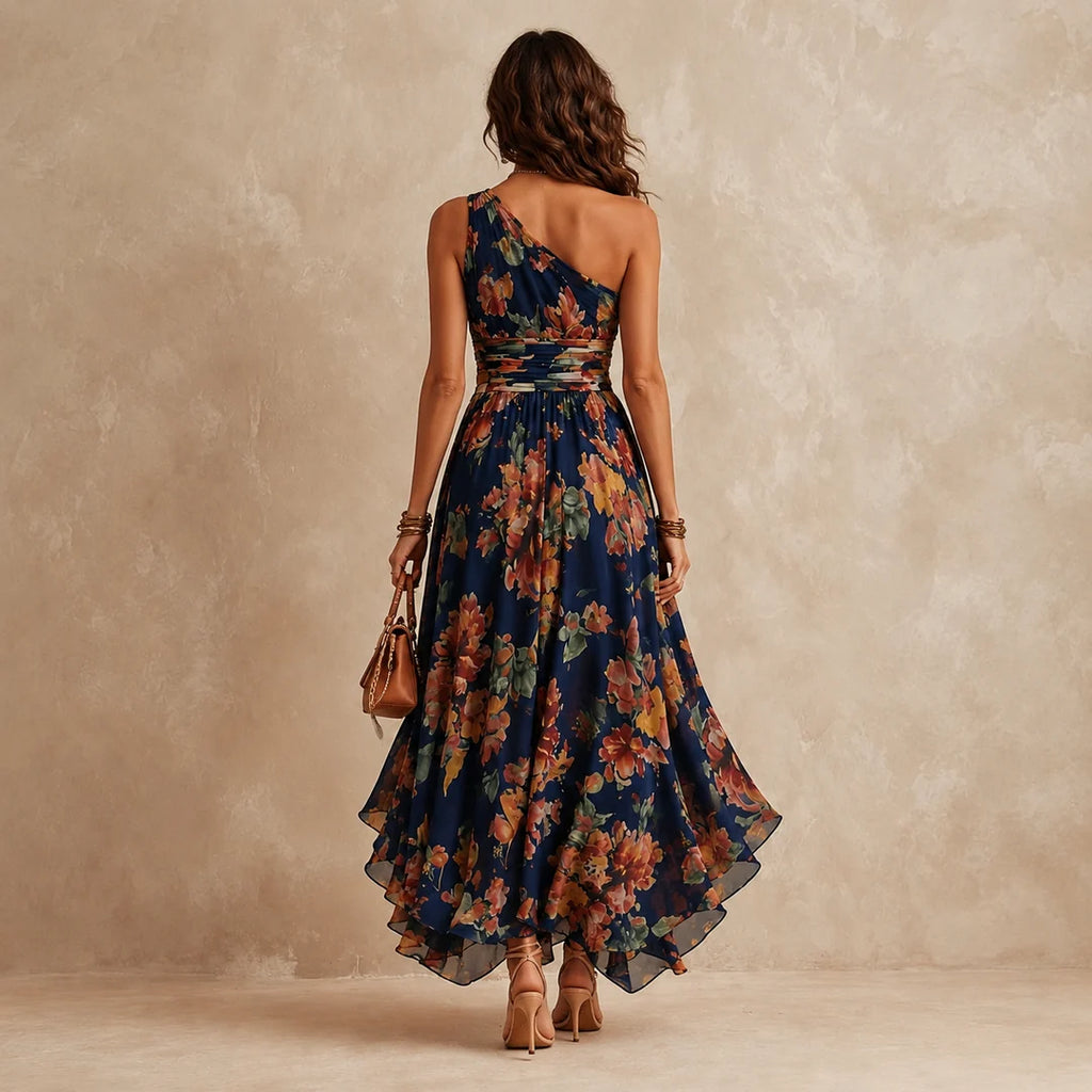 Merel | Maxi-jurk met bloemenprint en één schouderband