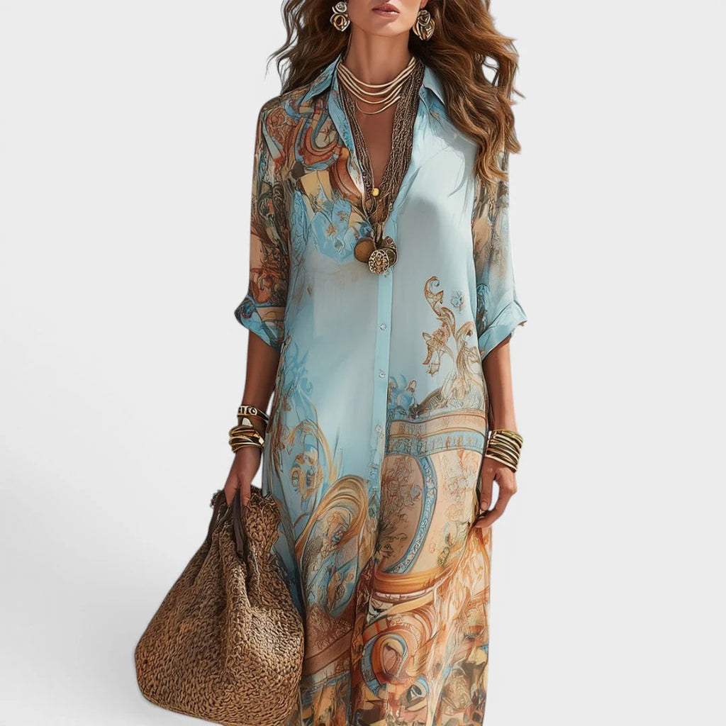 Joyce | Lange jurk in overhemdstijl met print