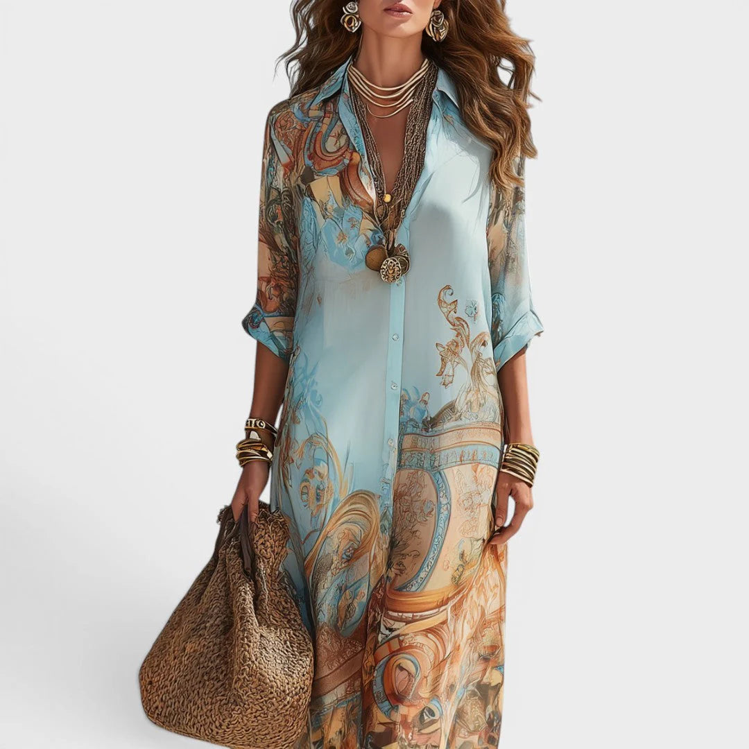 Joyce | Lange jurk in overhemdstijl met print
