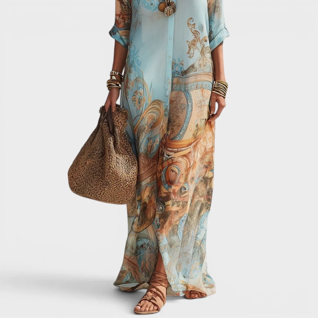 Joyce | Lange jurk in overhemdstijl met print
