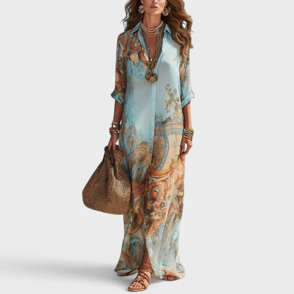 Joyce | Lange jurk in overhemdstijl met print