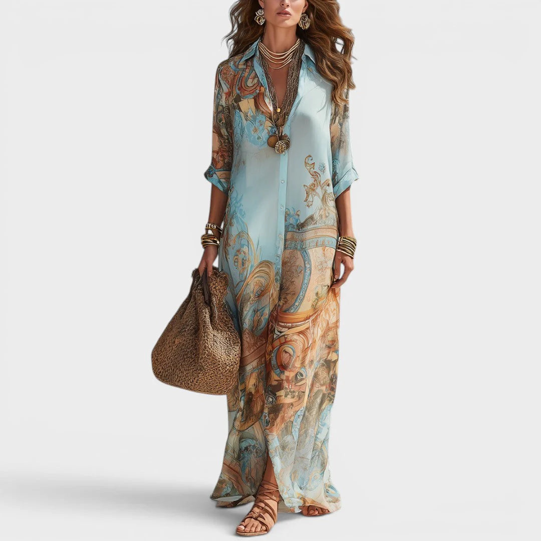 Joyce | Lange jurk in overhemdstijl met print