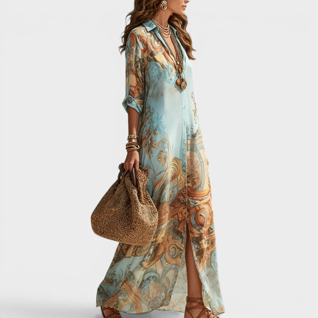 Joyce | Lange jurk in overhemdstijl met print