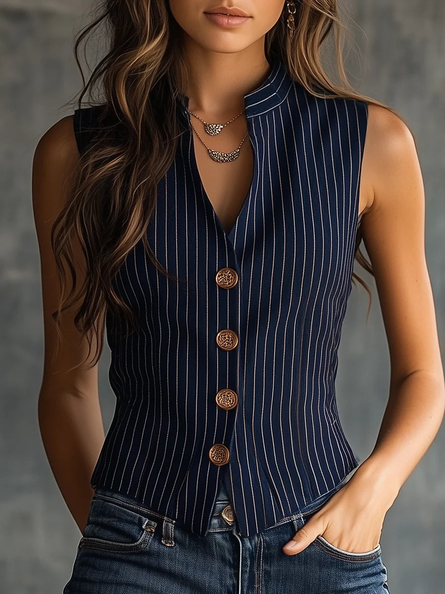 Mirthe | Vintage Gestreepte Mouwloze Tanktop Met Henley-Hals