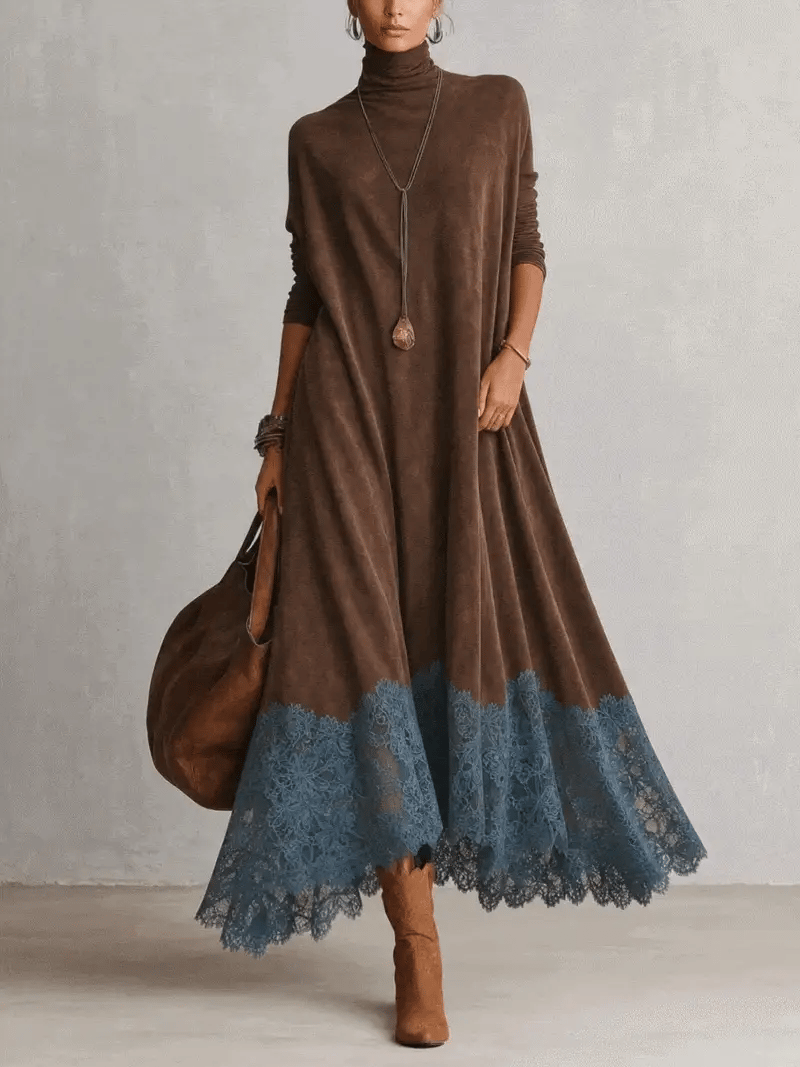 Sigrid | Vintage Bruine Maxi-Jurk Met Lange Mouwen En Kanten Zoom, In Suède-Look