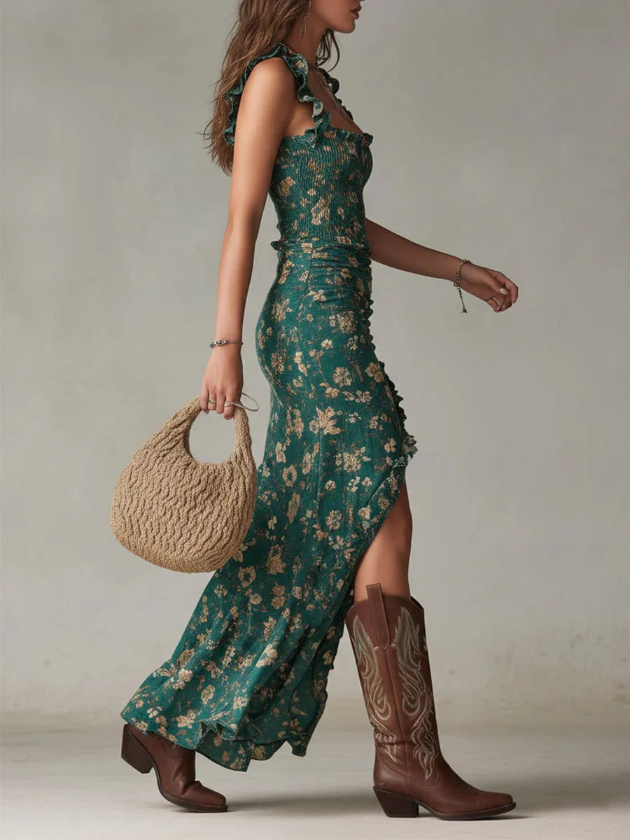 Sylvia | Midi-jurk in boho-stijl met bloemenprint, gerimpeld en met split