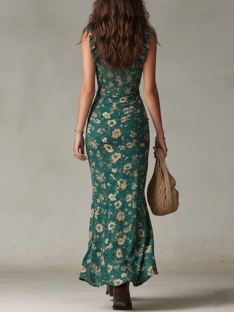 Sylvia | Midi-jurk in boho-stijl met bloemenprint, gerimpeld en met split