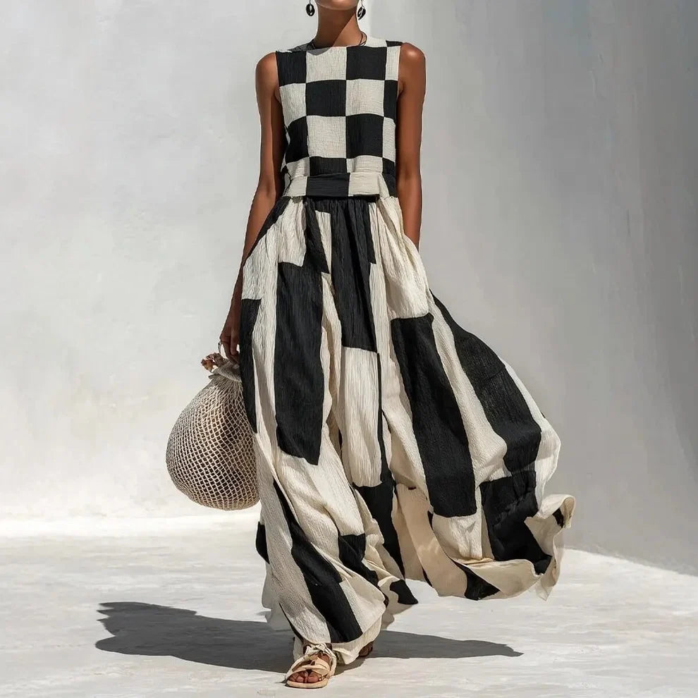 Sanne | Geometrische maxi-jurk in zwart-wit