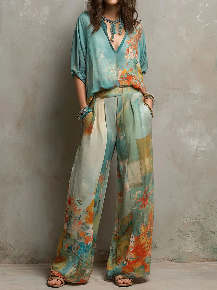 Gerda | Elegante set met bloemenprint en wijde broek